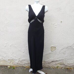 bias cut maxi dress with lace cutout panel